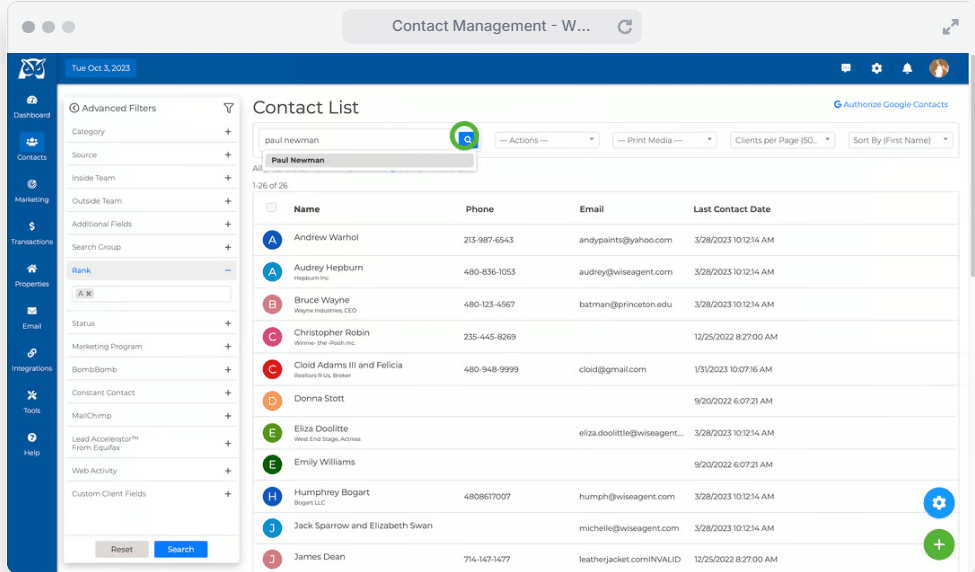 Screenshot of Wise Agent's contact management dashboard.