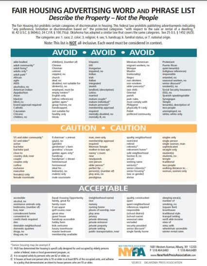 Fair housing advertising word and phrase list