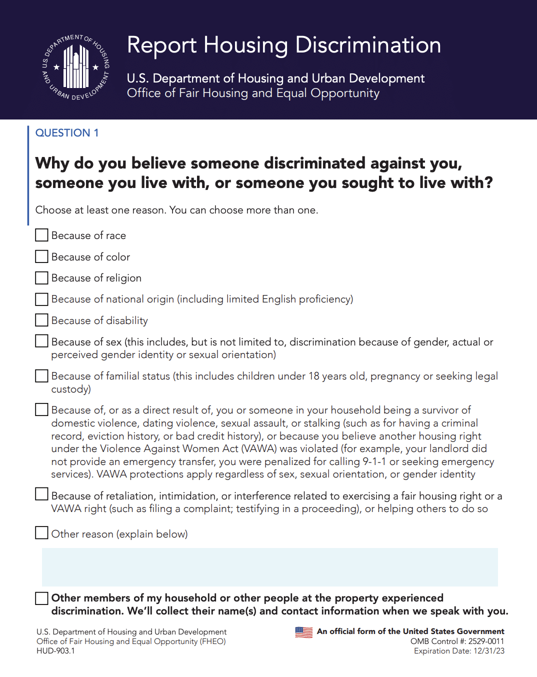 Screenshot of housing discrimination report form