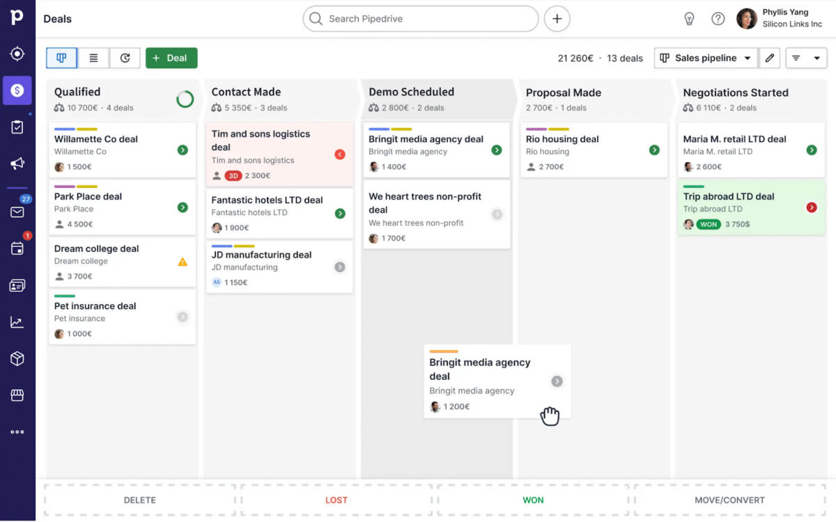 Screenshot of Pipedrive CRM