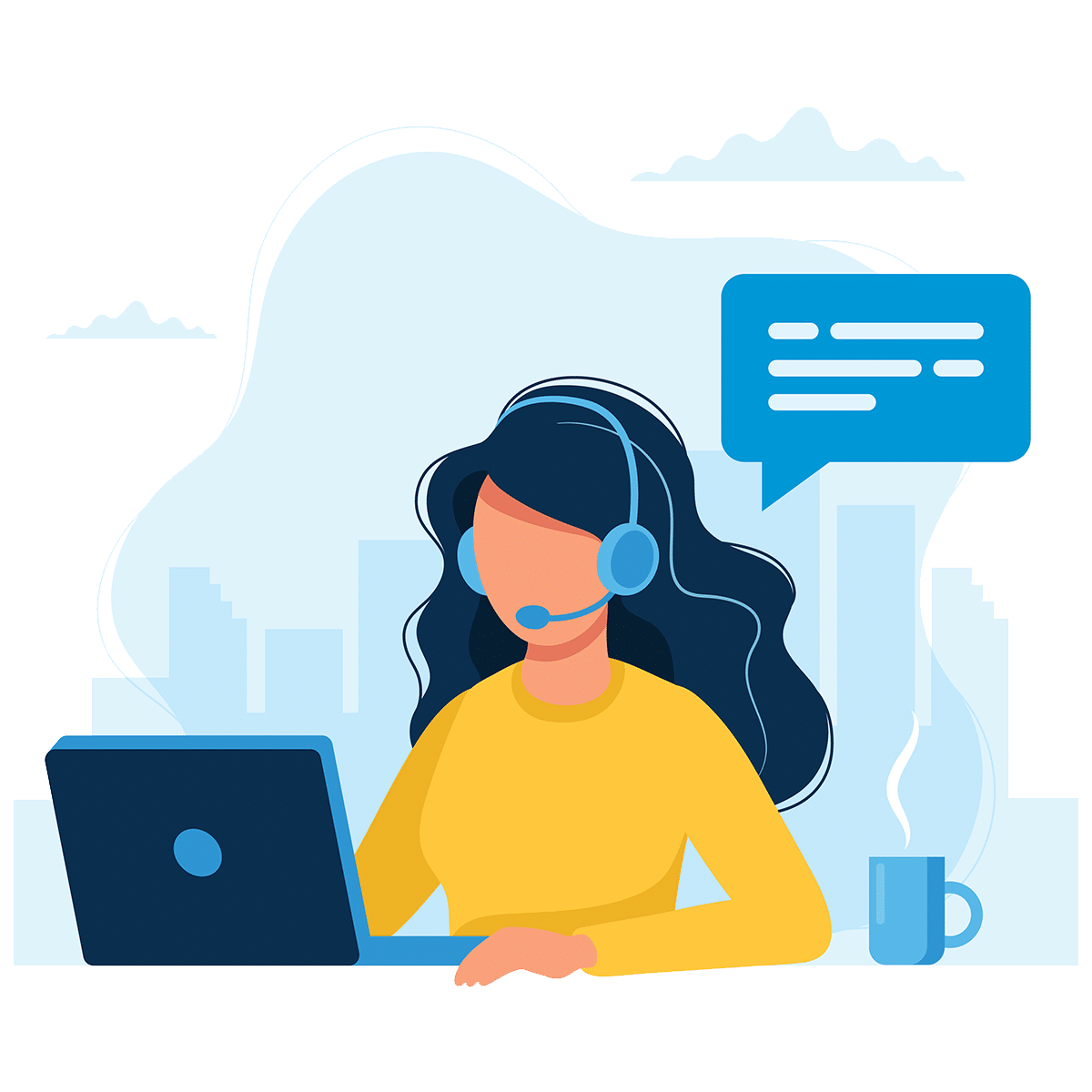 Graphic of lady in front of a laptop with headset