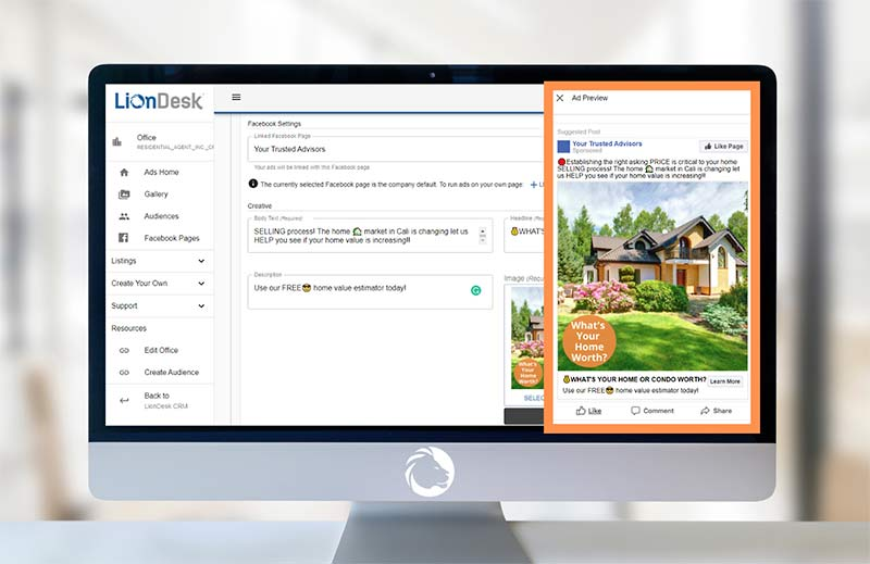 Desktop view of the LionDesk ad creator for Facebook ads.