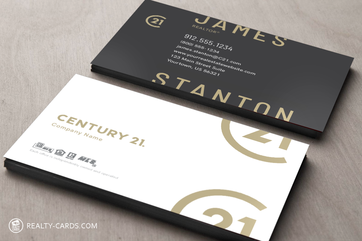 Grey and white business cards with gold font accents