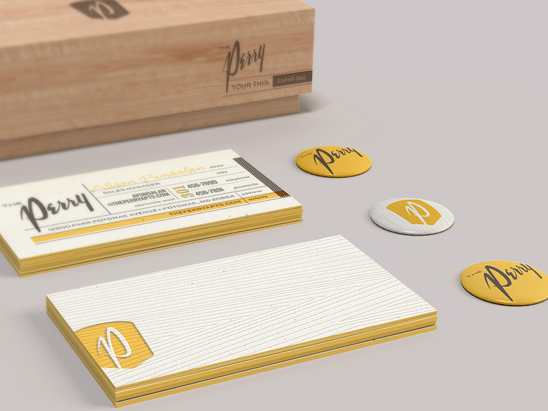 Bright yellow business card with retro-inspired branding