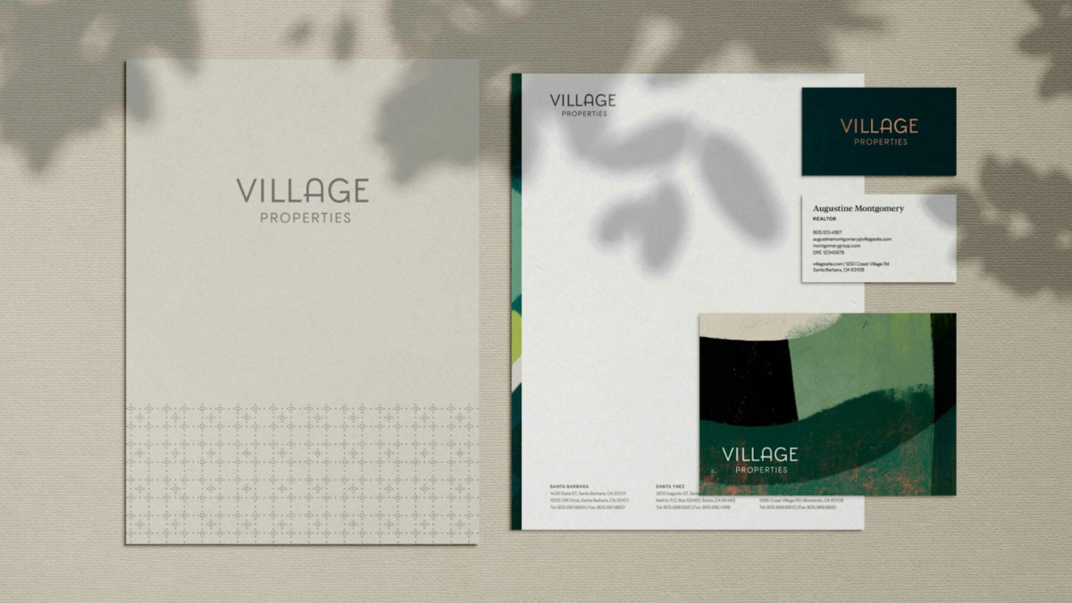 Branding layout for Village Properties featuring a clean, and minimalist design