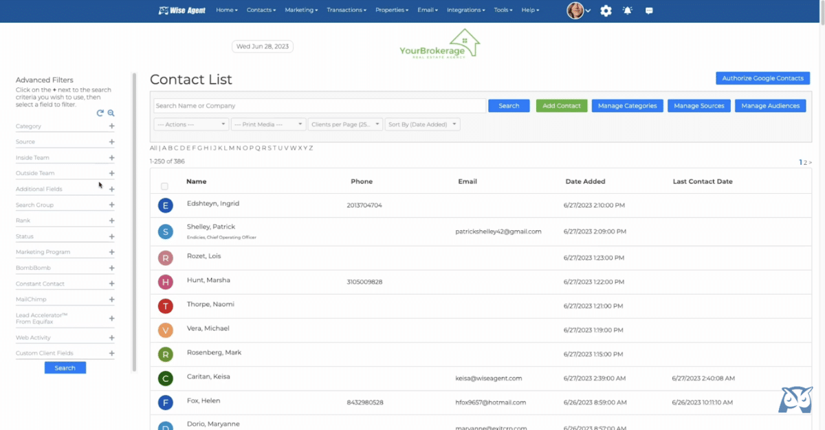 Wise Agent contact list