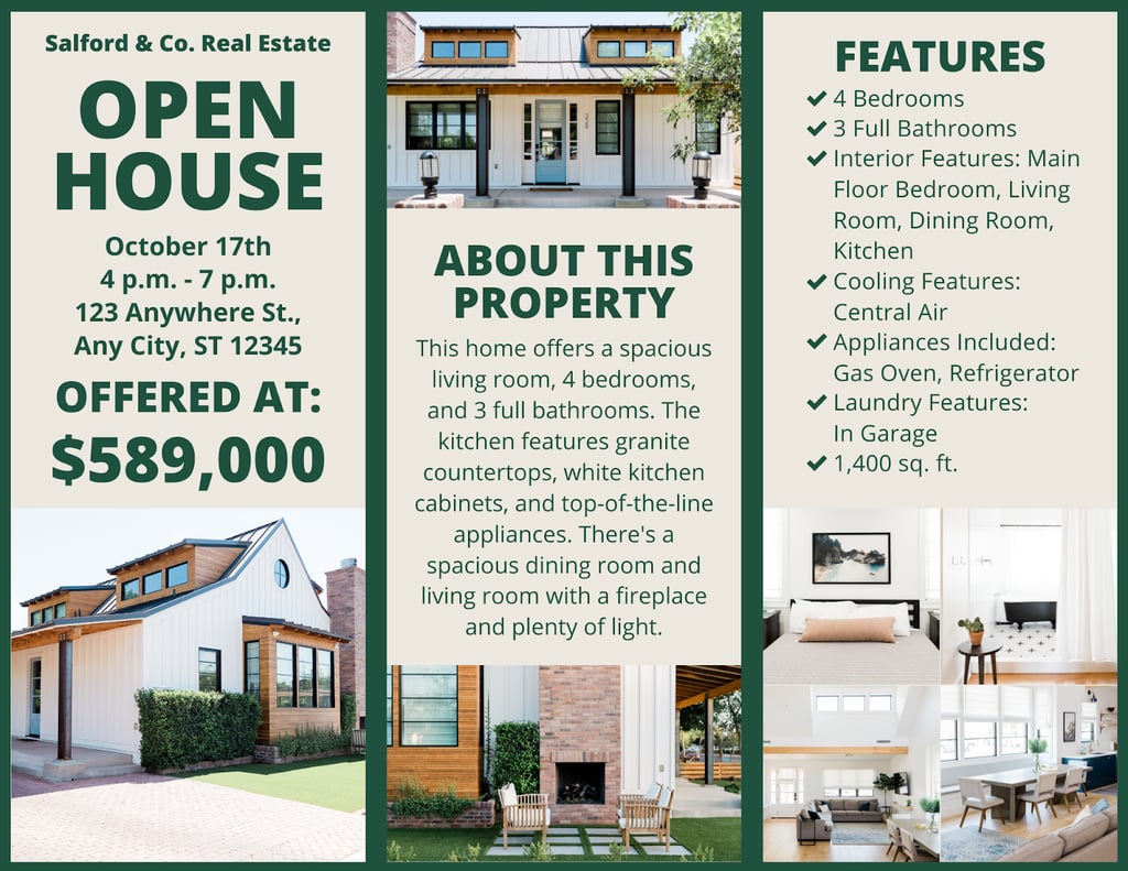 Green branded trifold real estate brochure
