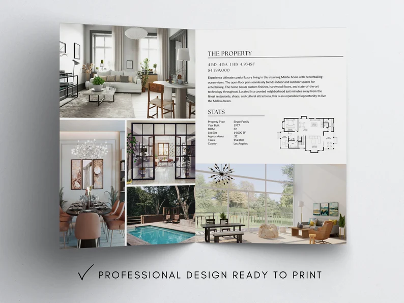 Inside of luxury real estate brochure with floor plan