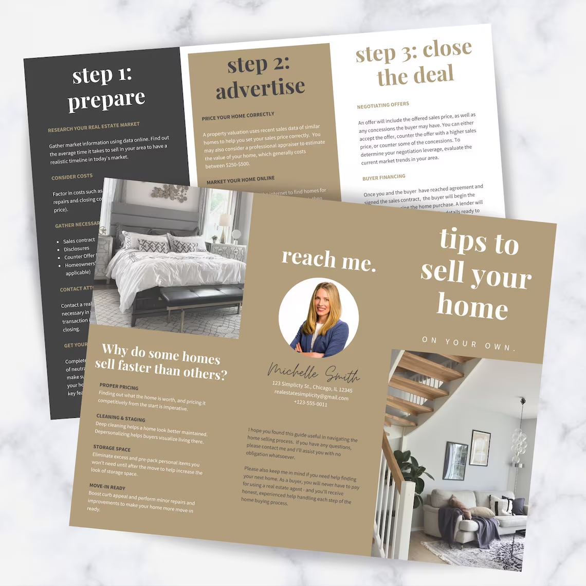 Trifold real estate brochure titled "tips to sell your home"