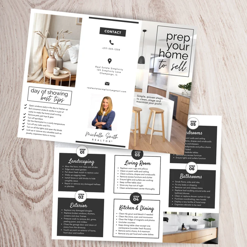 Real estate brochure template titled "prep your home to sell"