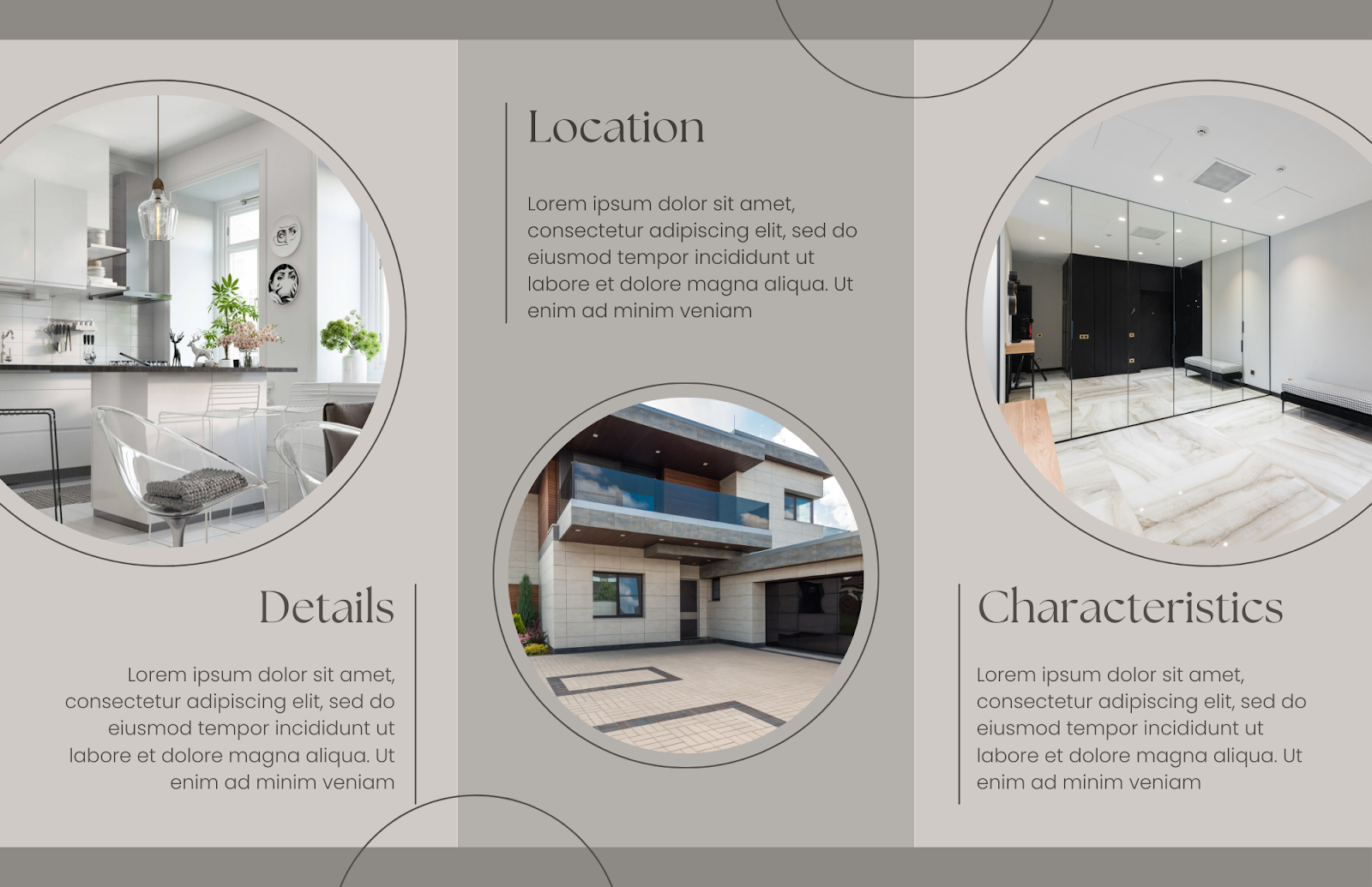 Inside of neutral colored trifold real estate brochure