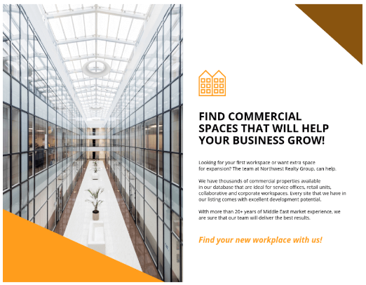 Inside of bifold commercial real estate brochure