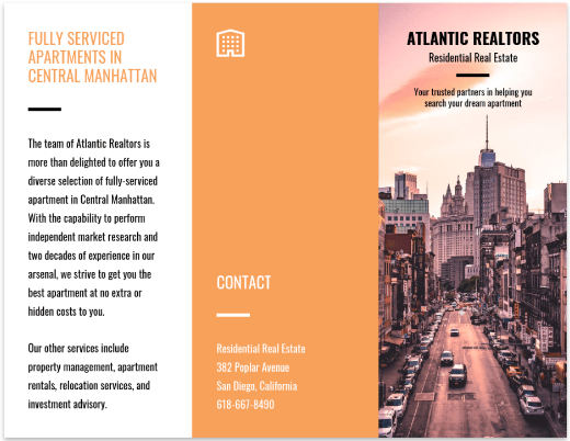 Colorful orange trifold real estate brochure