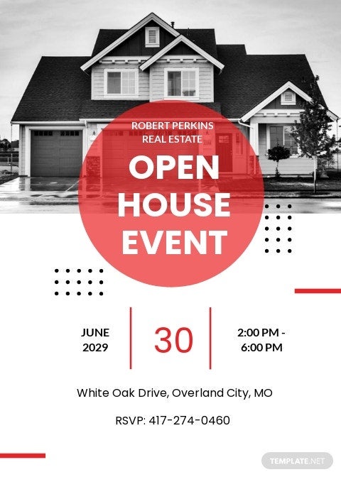 Monochrome open house invite with a pop of red in the middle