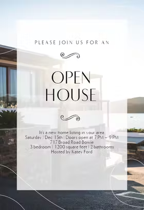 Simple open house invite with a background photo of the property's exterior