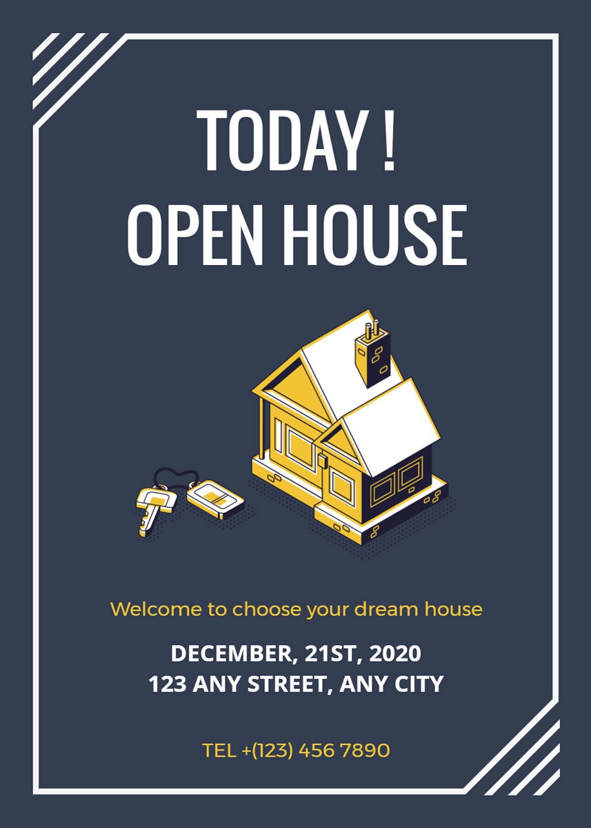 Minimalist open house invitation with an illustration of a house and "Today! Open House" text