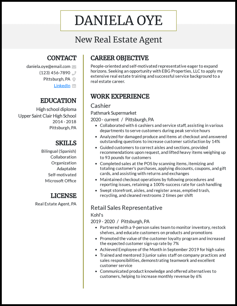 A sample real estate agent resume with contact information and career details.