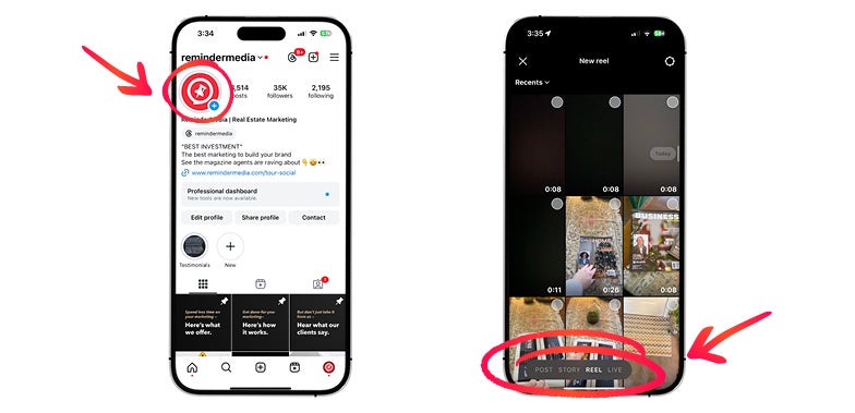 Screenshot of mobile phones with directions on how to open Instagram reels.