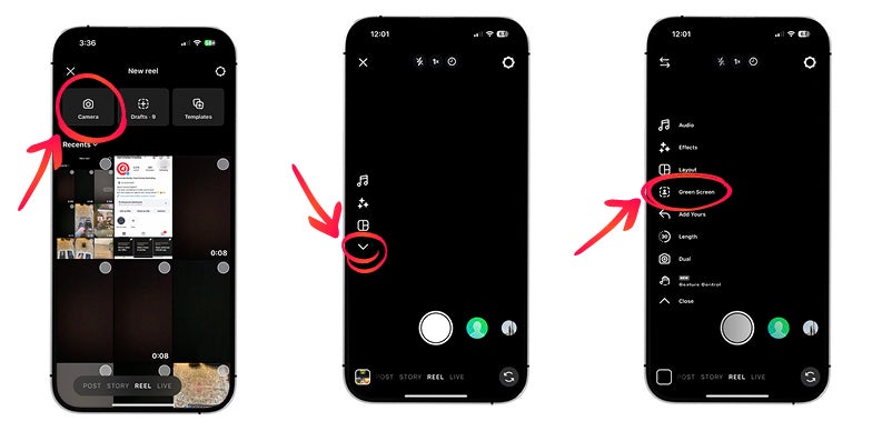 Screenshots of mobile phone showing directions of accessing green screen effect.