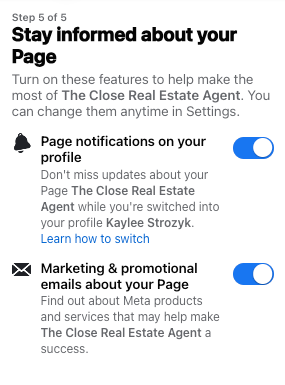 Facebook business page notification settings