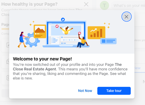 Facebook business page prompt titled "Welcome to your new page!"