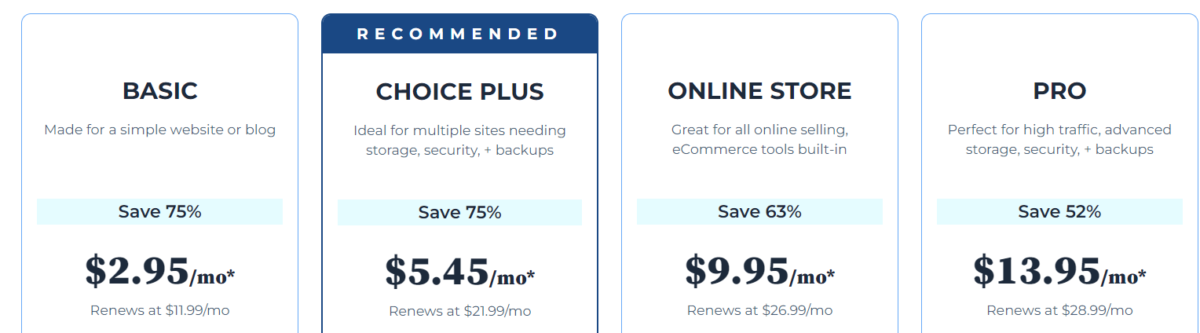 Bluehost pricing for web hosting.