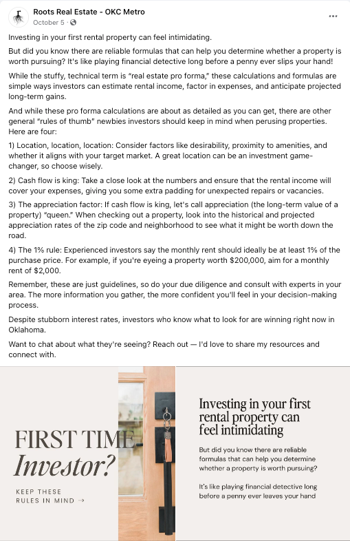 Screenshot of Facebook post for first-time real estate investors