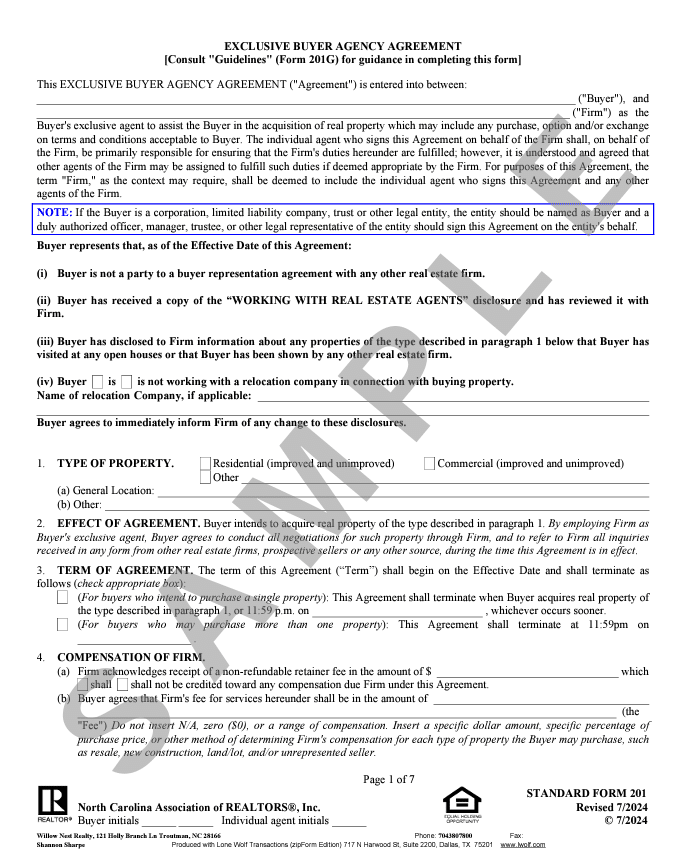 Sample page of an exclusive buyer agency agreement.