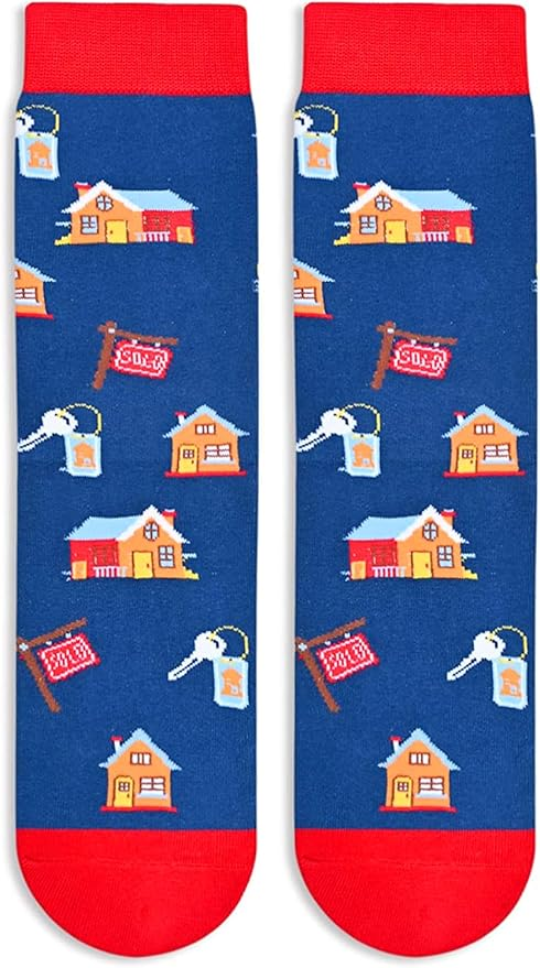 A pair of socks with house, keys, and sold sign patterns