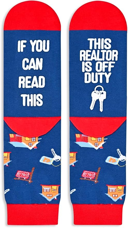 A pair of socks with "If you can read this, this realtor is off-duty" text on it