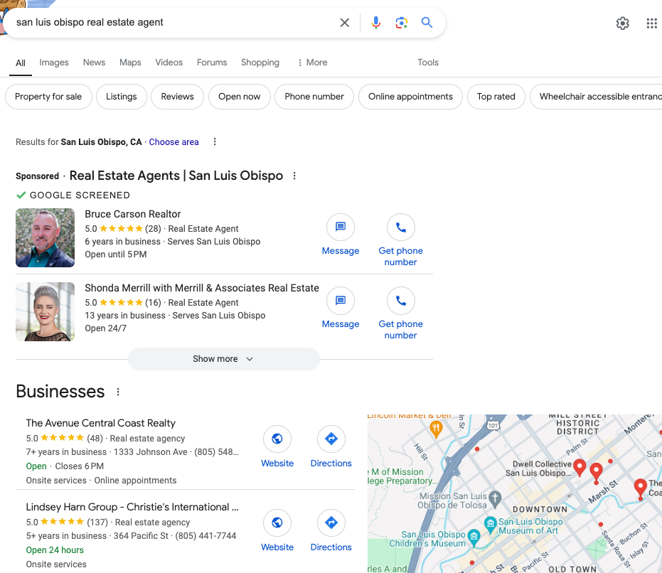 Google business results for "San Luis Obispo real estate agent"