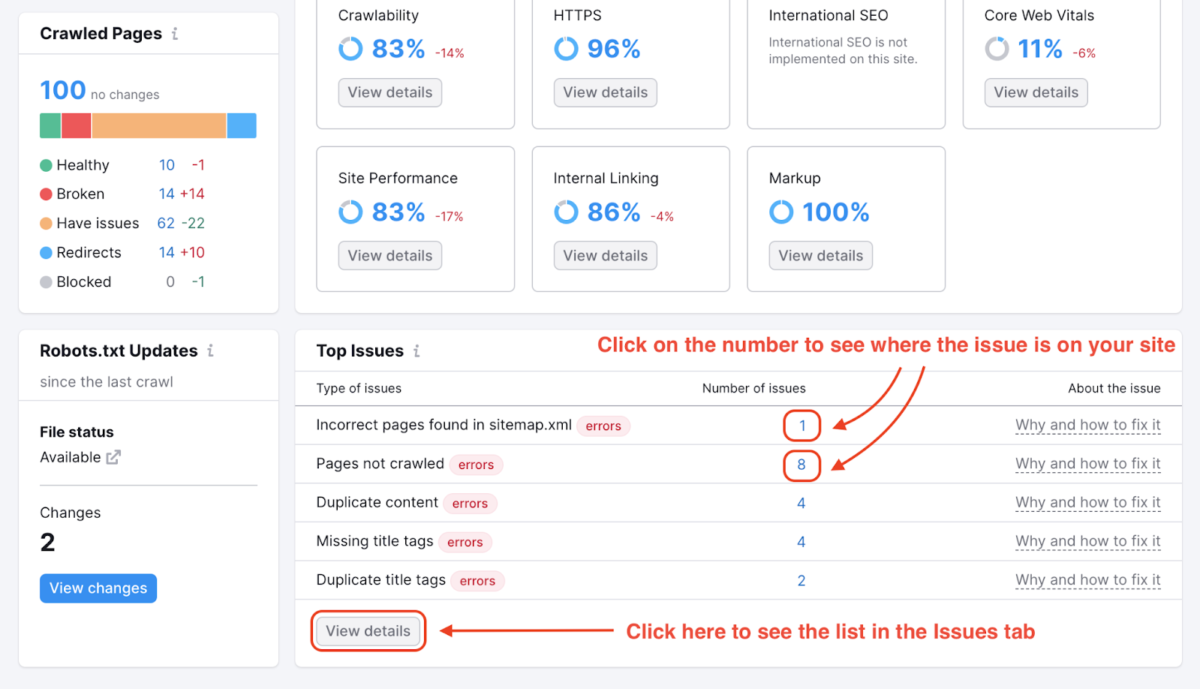 SEMrush audit report example