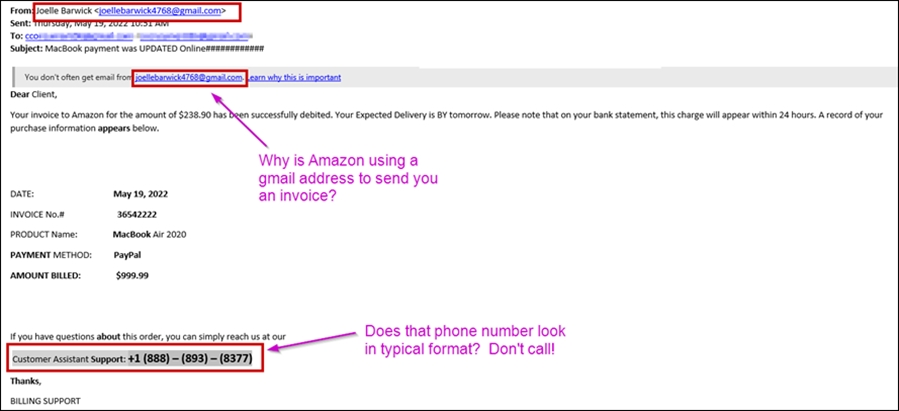 Example phishing email from Amazon explaining inconsistencies.