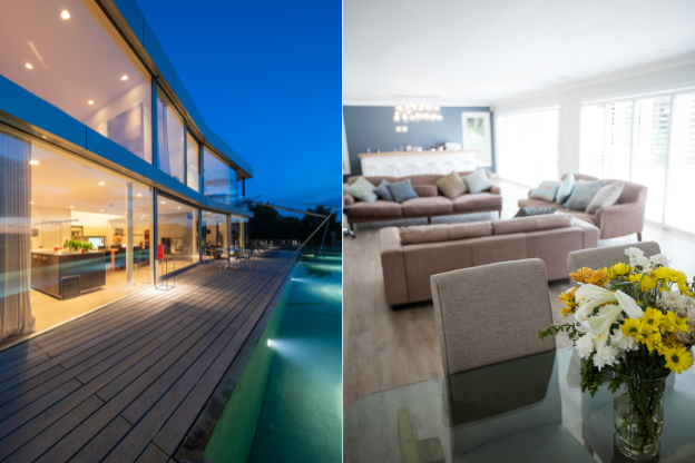 Side by side images of luxury home on left, traditional home on right.