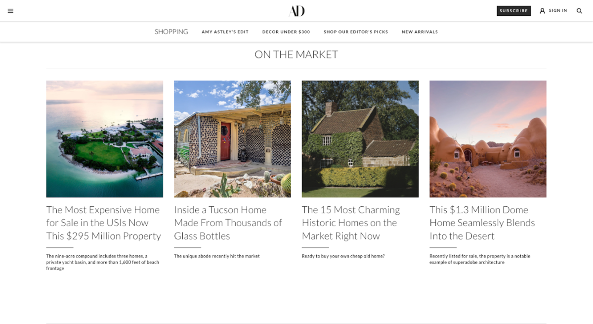 Screenshot of Architectural Digest on the market luxury listings