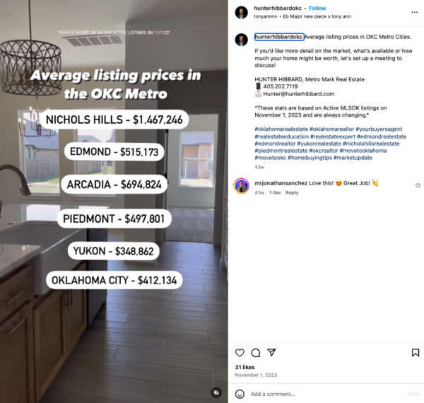 Local real estate data Instagram reel from @hunterhibbardokc