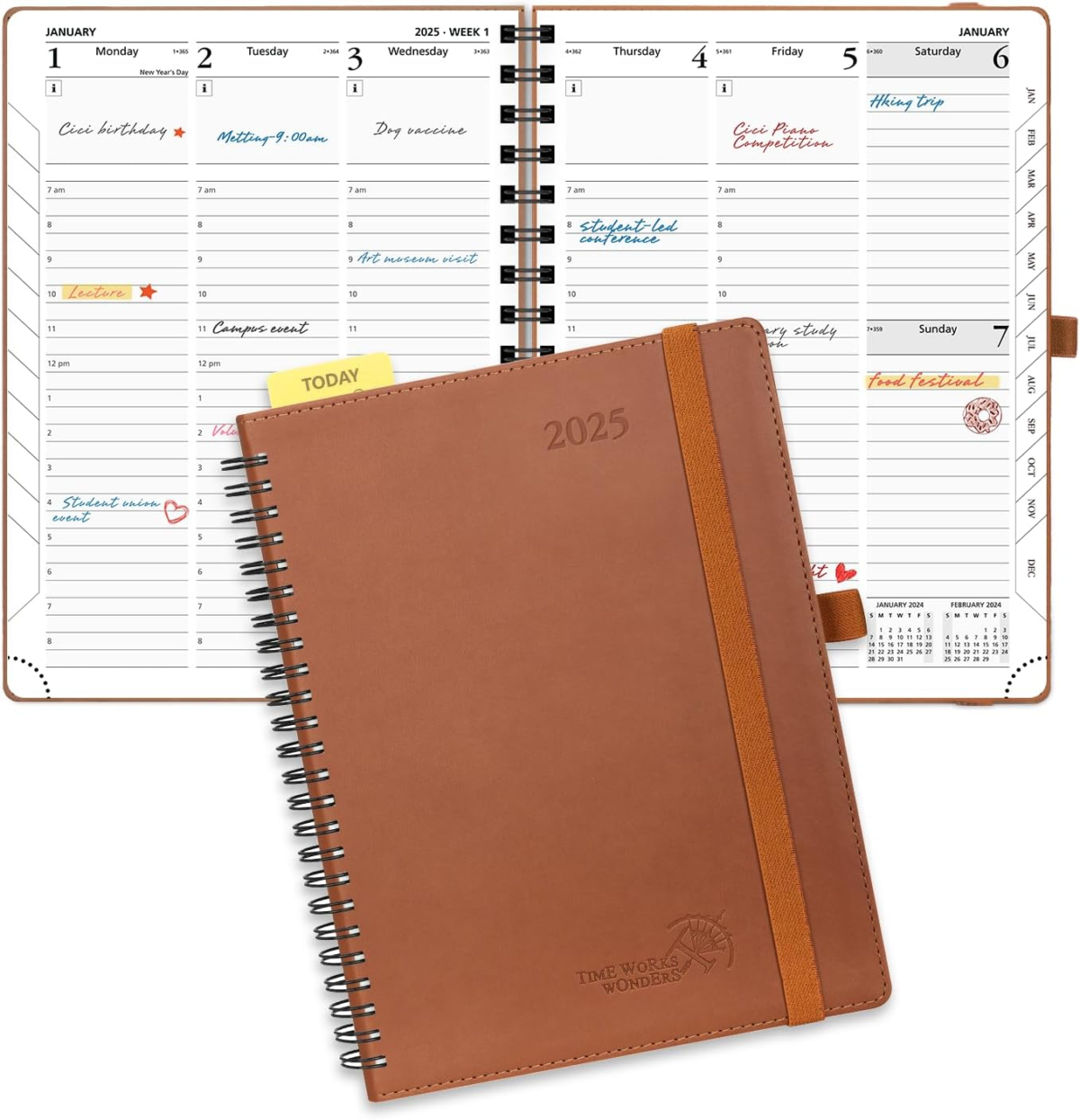 A 2025 brown leather planner with a weekly & hourly schedule layout