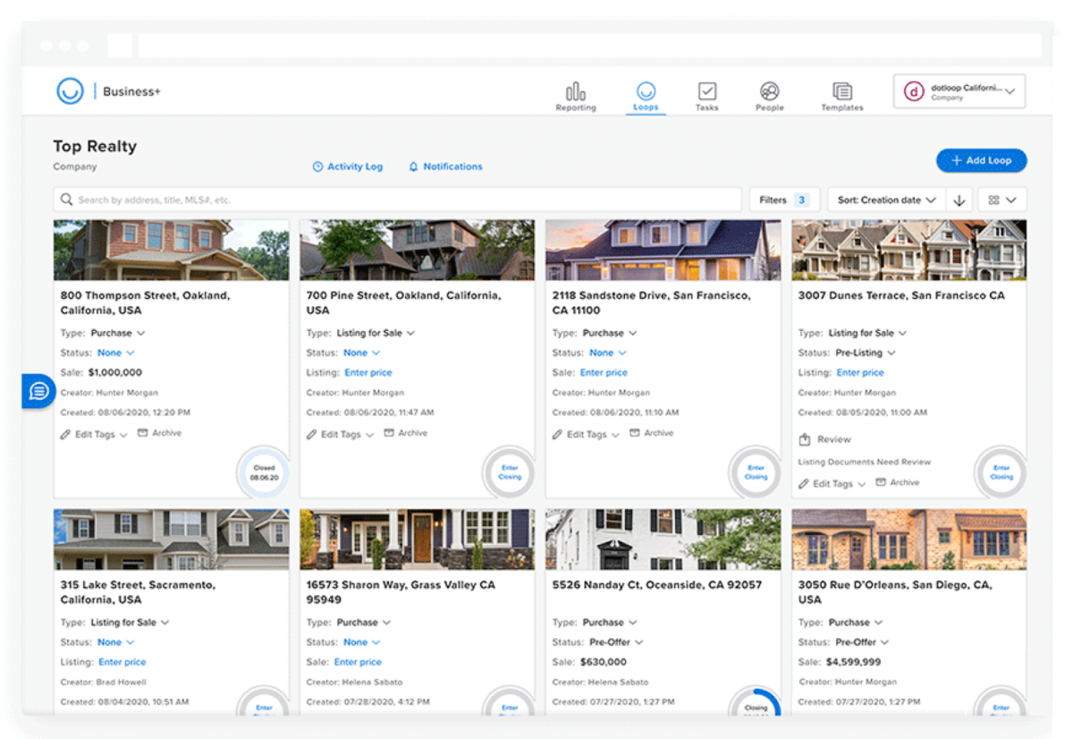 A sample of a Dotloop dashboard with multiple real estate transaction loops.