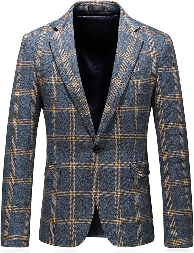 blue and tan plaid men's blazer.