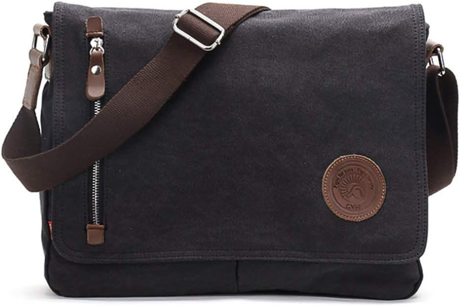 dark brown satchel fold over laptop bag with lighter brown strap and accents, zipper to the left and patch bottom right.