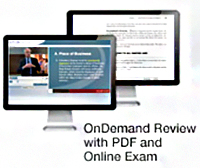 two computer screens showing on demand review with PDF and online exam on each.