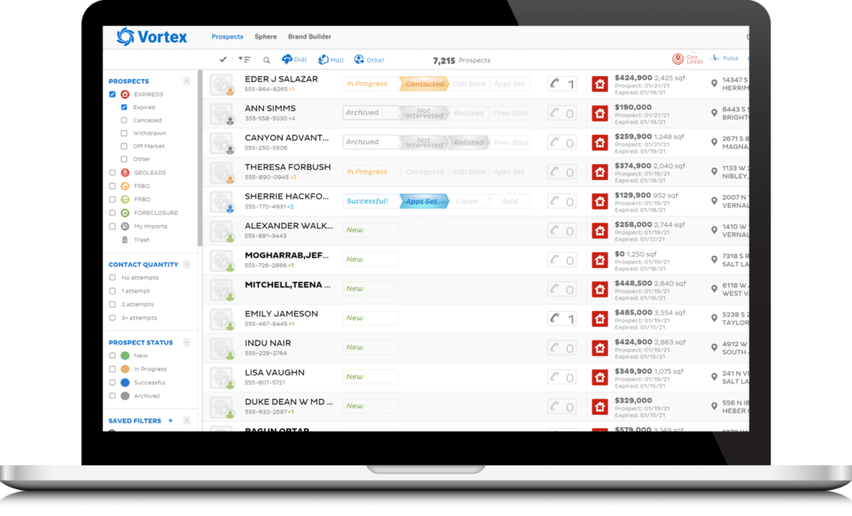 Vortex customer relationship manager dashboard