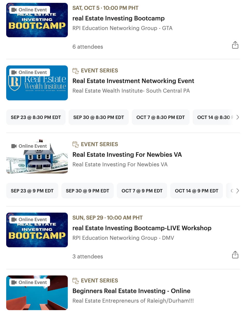 Screenshot of upcoming online real estate investing events