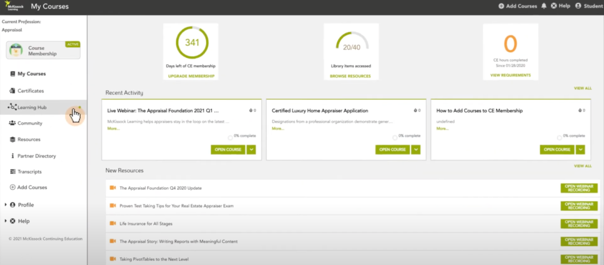 Learning dashboard with course access information and resources.