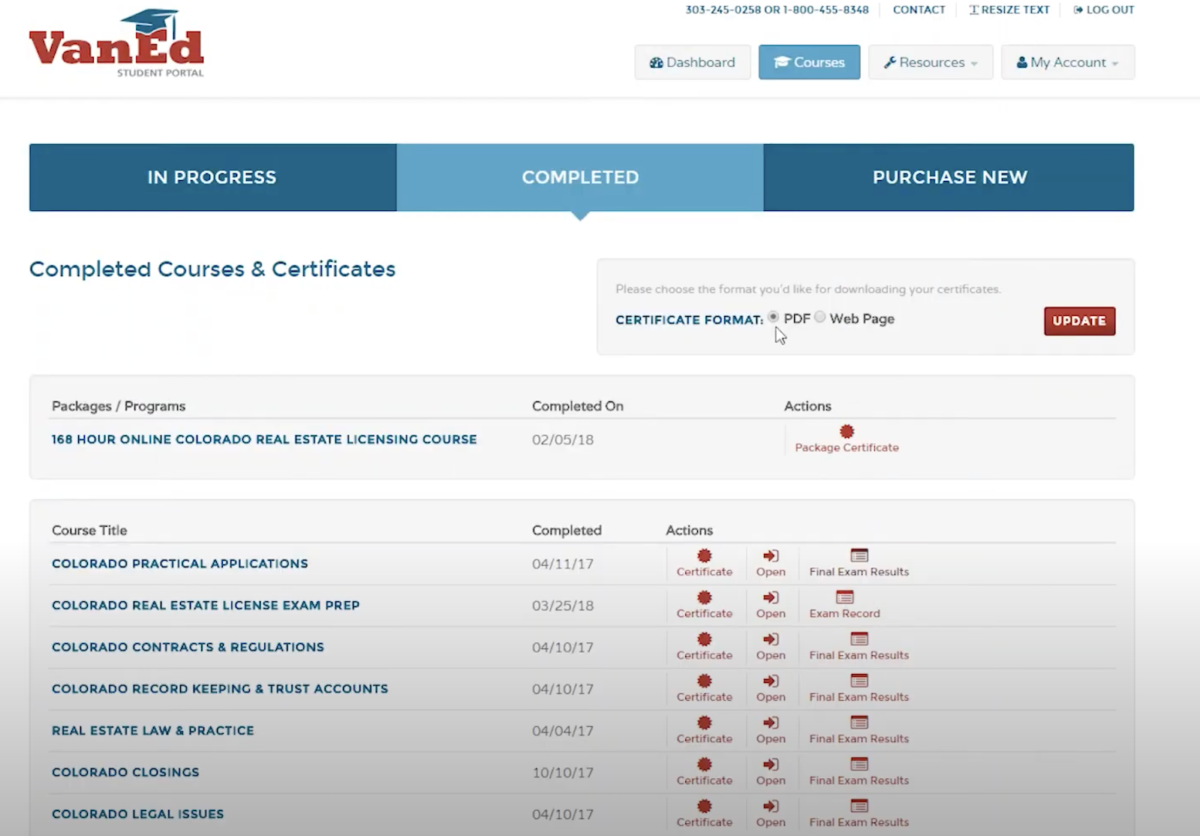 VanEd course dashboard showing course completion status.