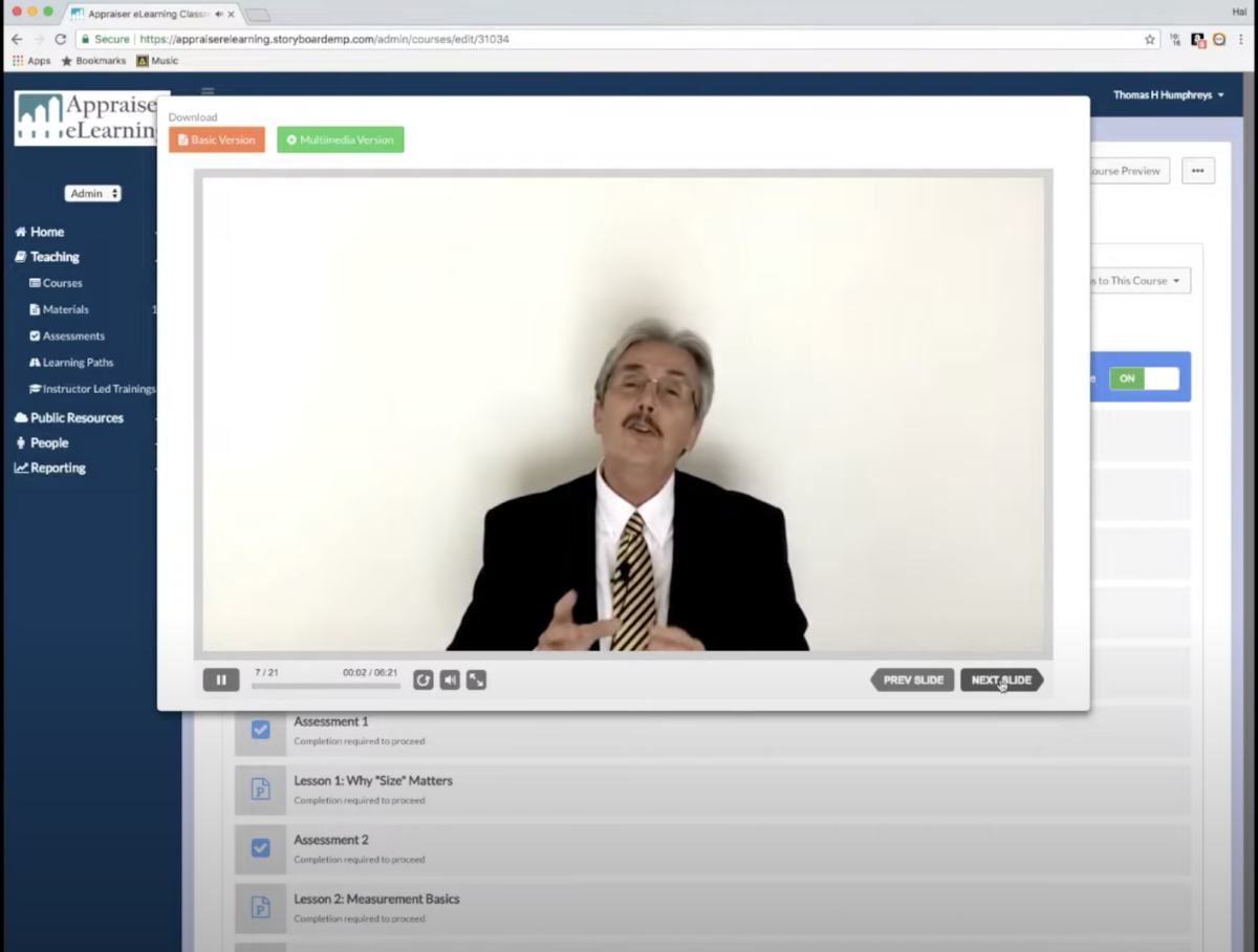 Appraisal eLearning platform with a video pop-up of man speaking.