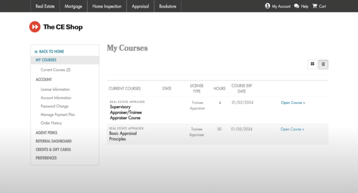 The CE Shop student dashboard showing a sample of course content.