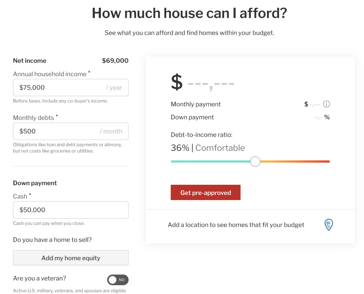 Screenshot of Redfin's affordability calculator