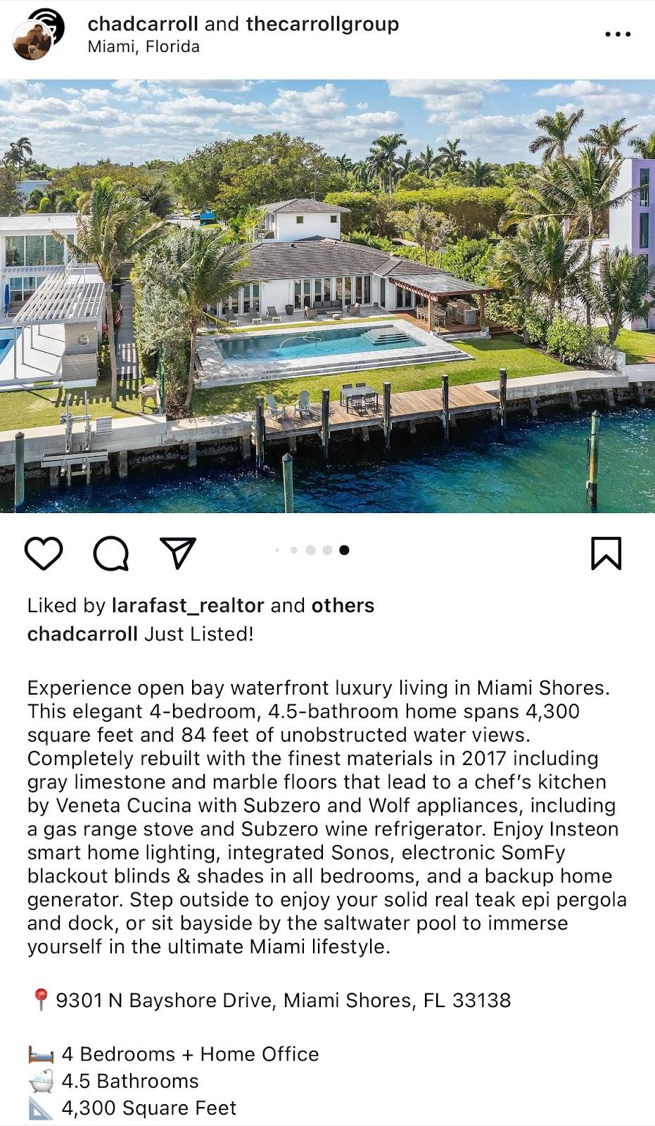 Screenshot of an Instagram post of a new luxury property listing in Miami Shores