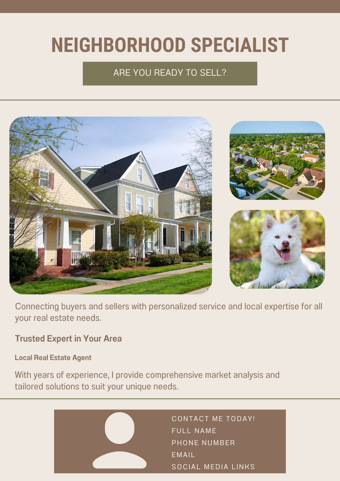 Neighborhood expert flyer template with three images and text.